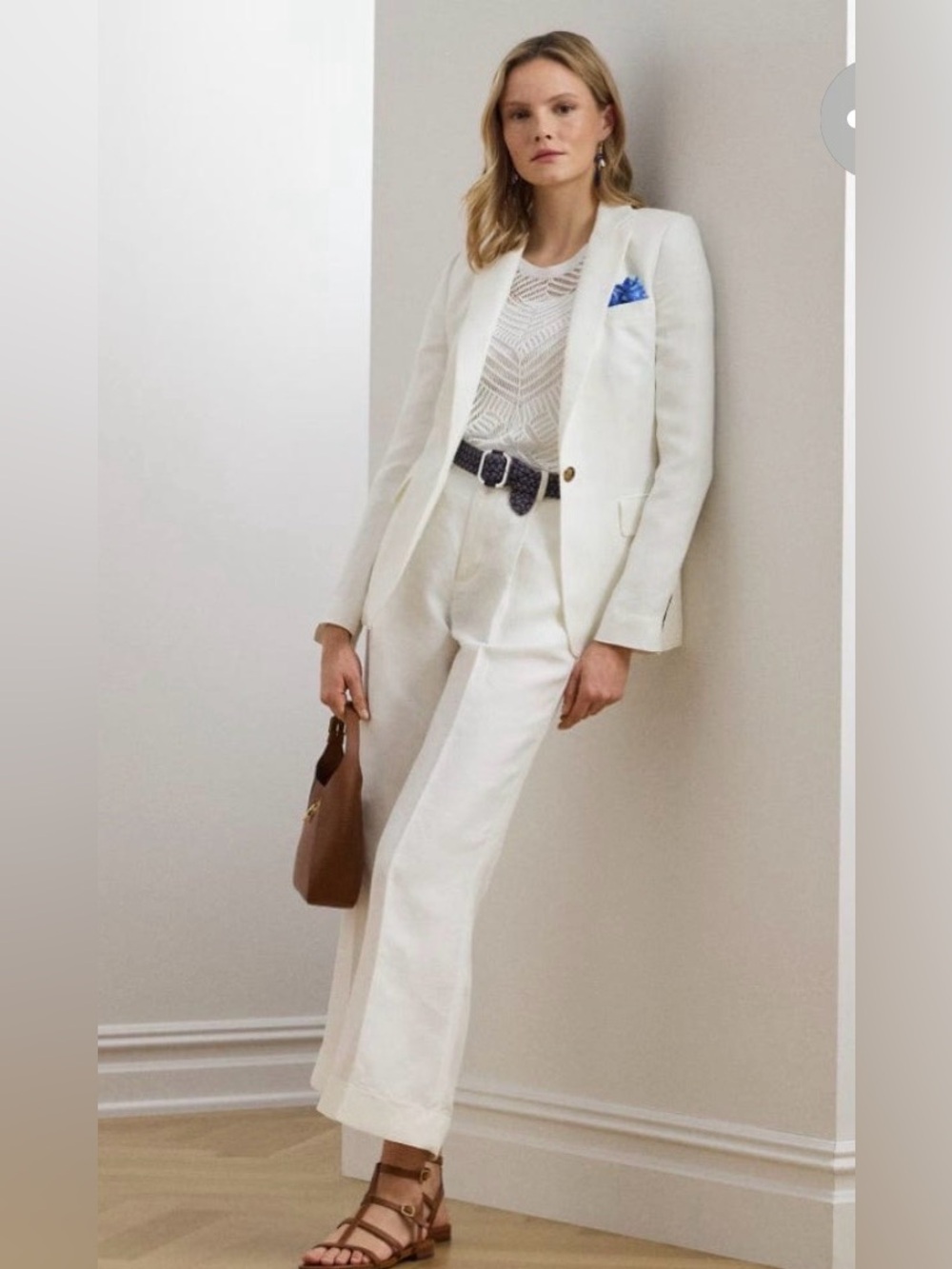 Lauren Ralph Lauren White Linen Blend Pleated High Waist Ankle Pants Size 8